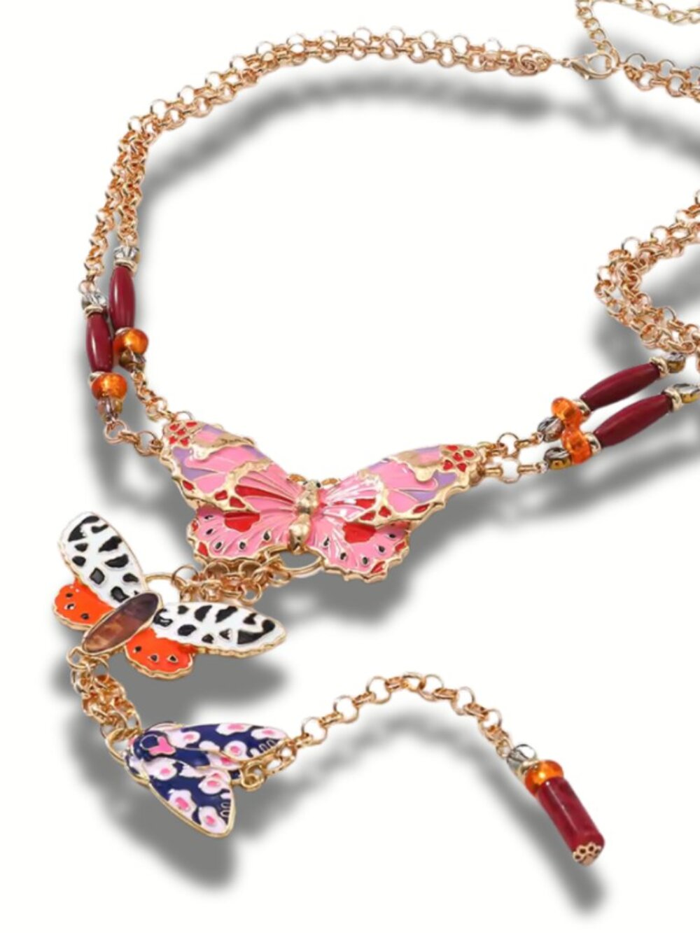 Zara Style Butterfly Garden Beaded Bohemian Lariat Necklace Pink/Red NEW - Picture 5 of 6